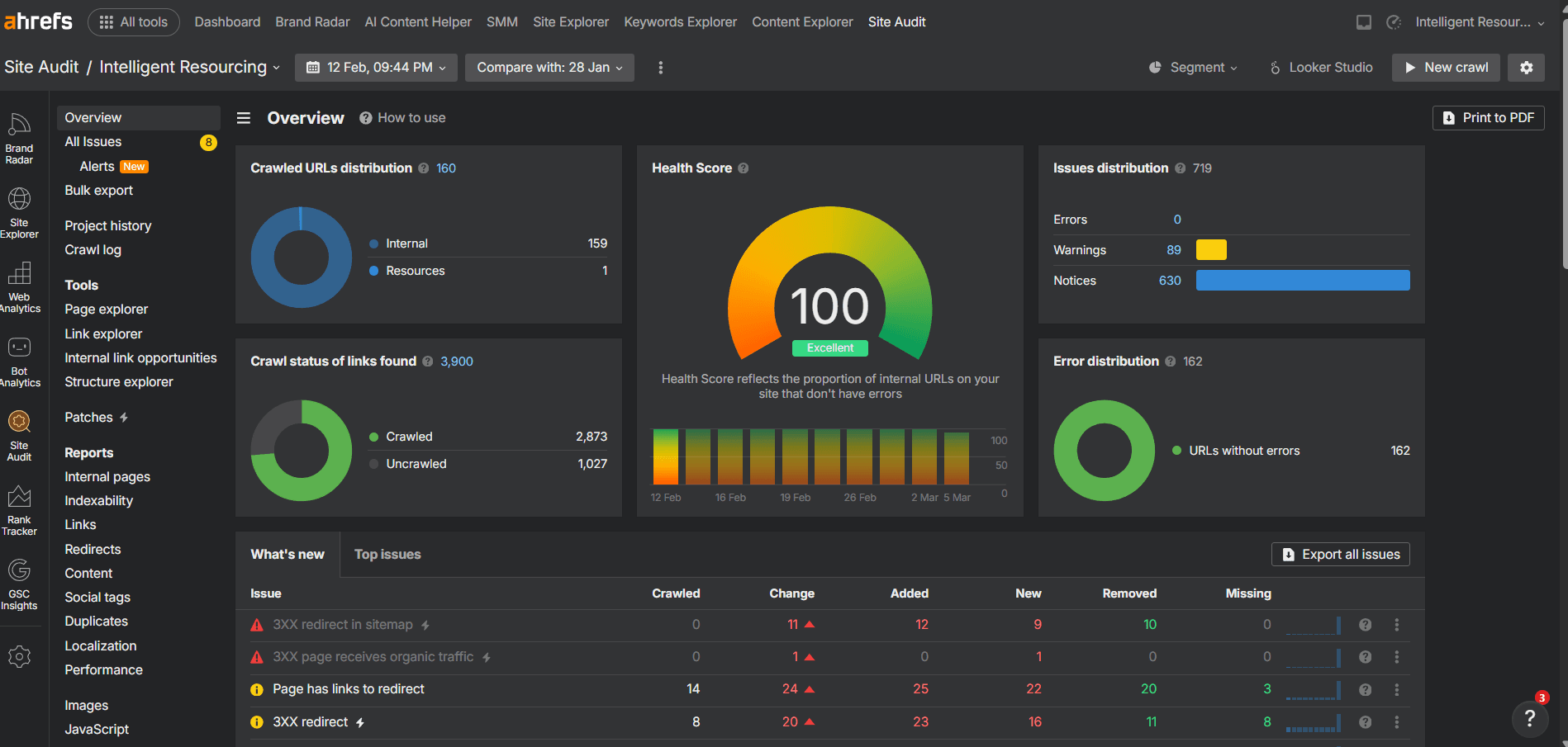 Kynection Ahrefs site audit after: Health Score 100, 0 errors, all URLs clean